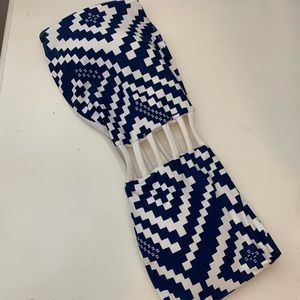 Geometric blue and white strapless bikini top